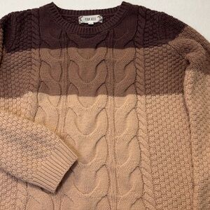 Pink Rose Cable Knit Colorblock Sweater Brown Cream Cozy Chunky L ha